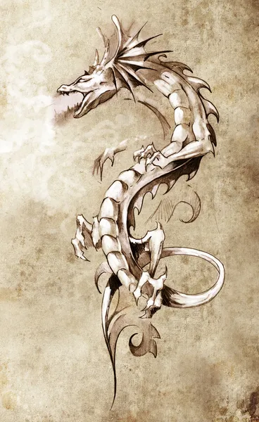 Bosquejo de arte del tatuaje, gran dragón medieval, concepto de fantasía —  Fotos de Stock