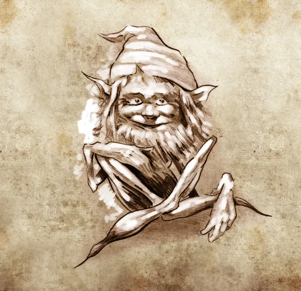 Sketch of tattoo art, funny sitting gnome — Stock Photo, Image