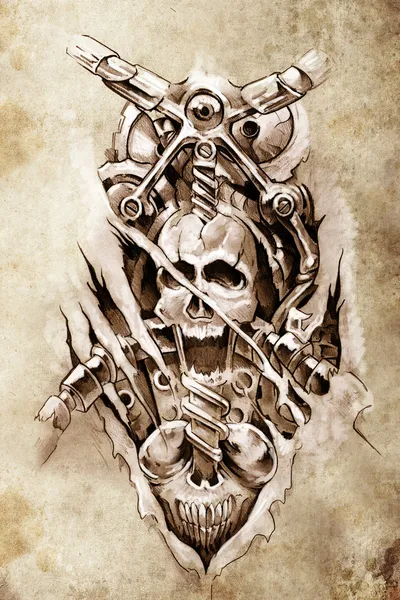 Tattoo art, sketch of a machine gears and skull — Stock Photo, Image