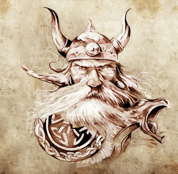 Arte del tatuaje, boceto de un guerrero vikingo, Ilustración de un anciano —  Fotos de Stock