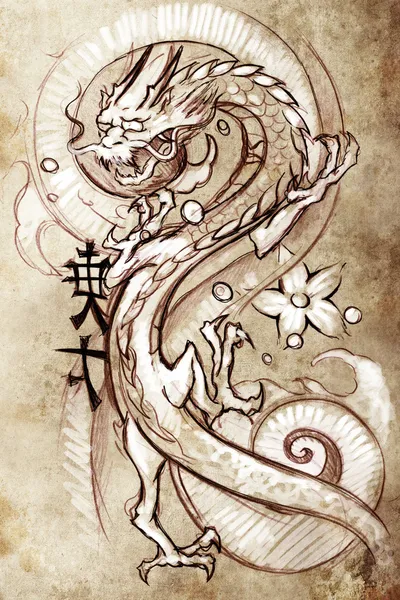 纹身艺术，日本龙的素描 — 图库照片