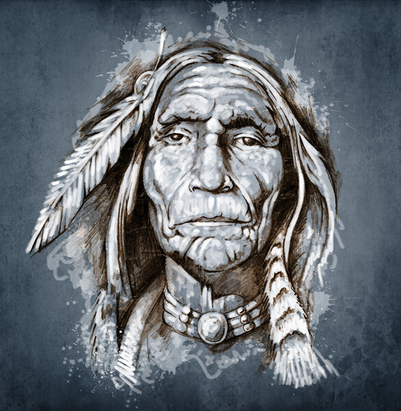 Sketch of tattoo art, portrait of american indian head