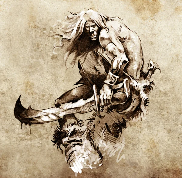 Sketch of tattoo art, warrior fighting with big sword — Stock Image Sketch of tattoo art, warrior fighting with big sword Royalty Free Stock Images
