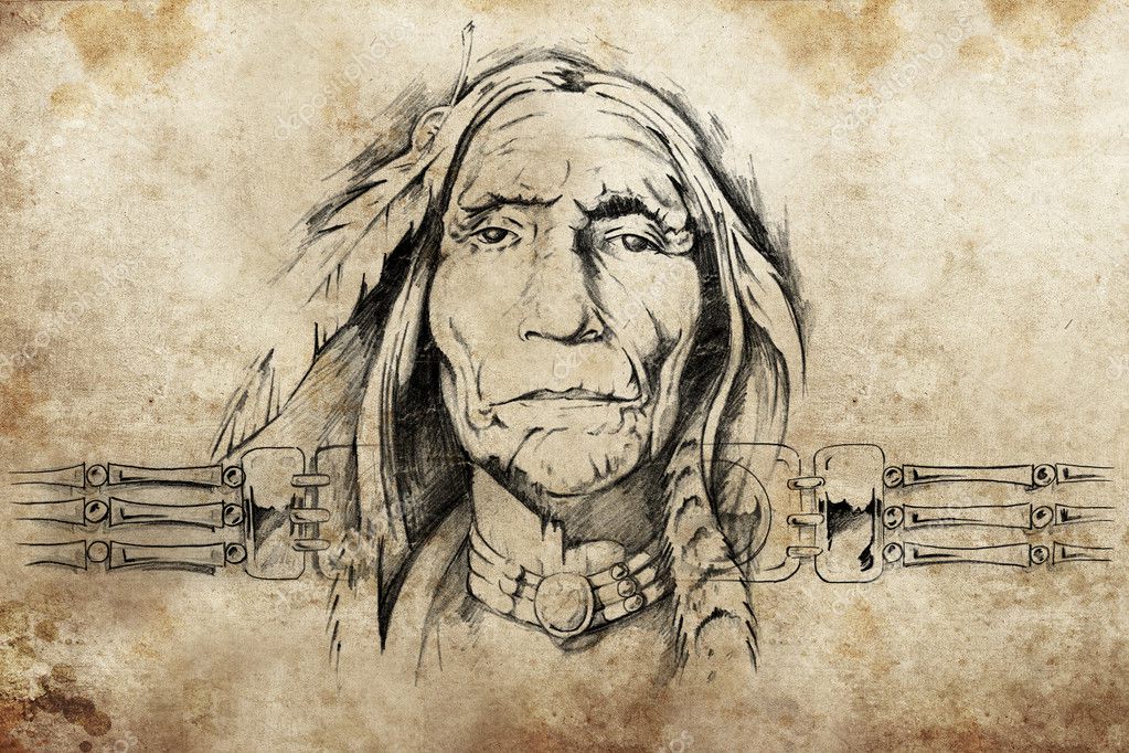 Union Rustic American Indian Warrior Tattoo Sketch On Canvas 4 Pieces Print  | Wayfair