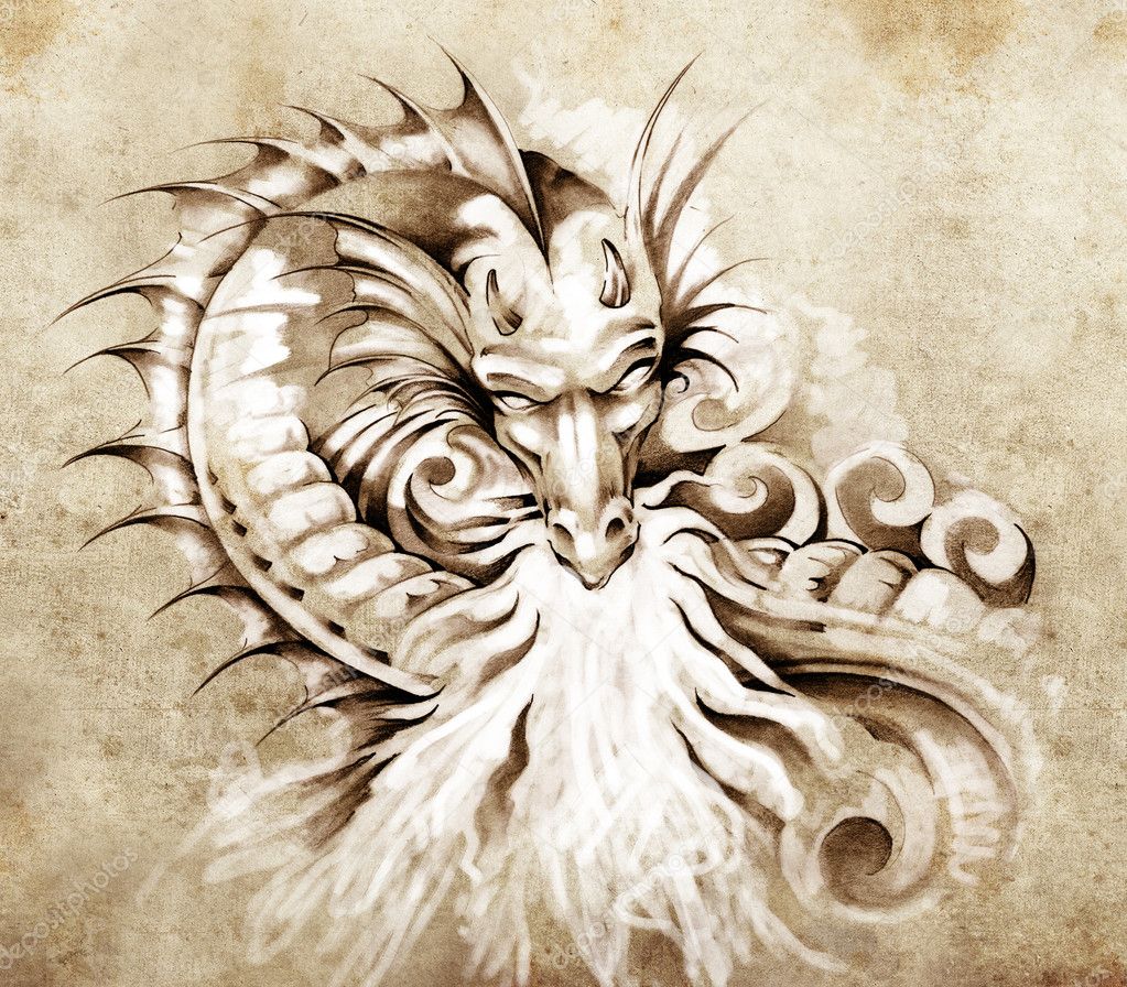 Desenho da arte da tatuagem, fantasia dragão medieval com fogo branco  fotos, imagens de © outsiderzone #9745514
