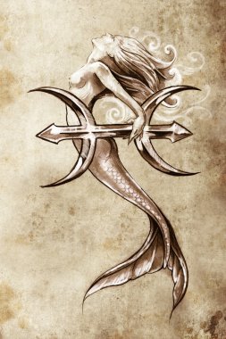 Tattoo art, sketch of a mermaid, pisces vintage style clipart