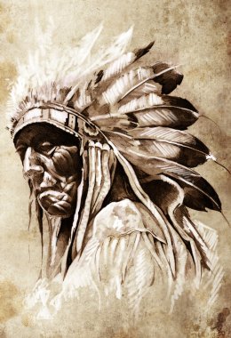 Sketch of tattoo art, indian head, chief, vintage style clipart