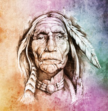 Sketch of tattoo art, portrait of american indian head over colo clipart