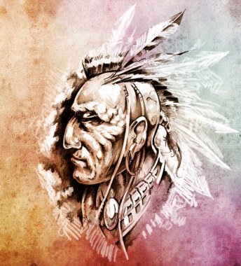 Sketch of tattoo art, American Indian Chief illustration over co clipart