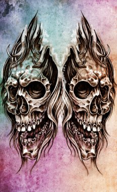 Sketch of tattoo art, skull head illustration, over colorful pap clipart