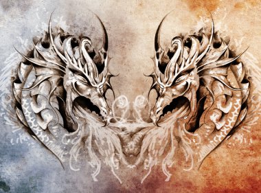 Tattoo art, fantasy medieval dragons heart clipart