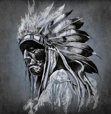 dövme sanatı, Amerikan Kızılderili başının üzerinde karanlık adam portresi