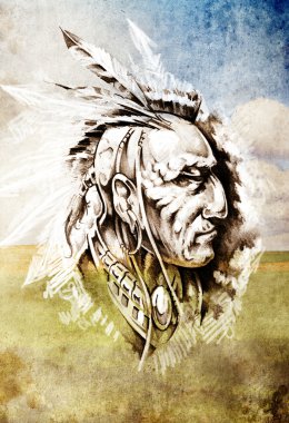 Sketch of tattoo art, indian head over cropfield background clipart