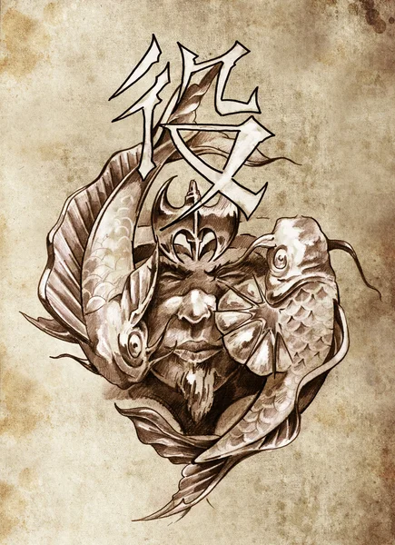 Tattoo art, sketch of a japanese warrior in vintage style — Stock Photo, Image