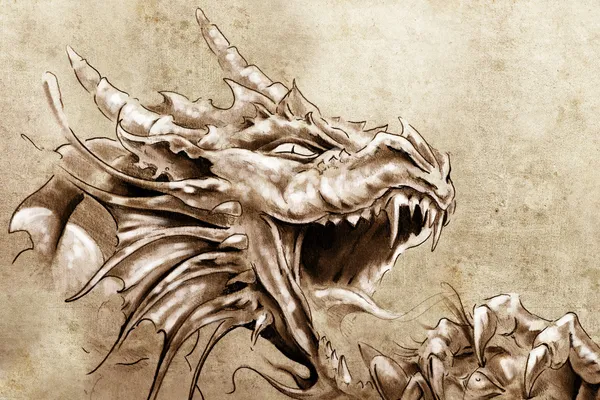 Tätowierkunst, Skizze eines wütenden mittelalterlichen Drachen — Stockfoto