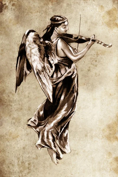 Náčrt tetování umění, hudbu anděl s housle — Stock fotografie