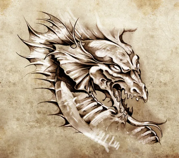 Skiss av tatuering konst, dragon över antika papper — Stockfoto