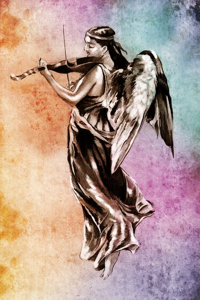 Dövme sanatı, renkli arka plan üzerinde keman ile melek kroki — Stok fotoğraf