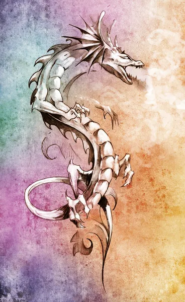 Bosquejo de arte del tatuaje, gran dragón medieval, concepto de fantasía sobre —  Fotos de Stock