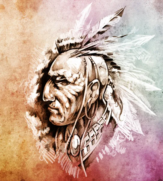 Desenho da arte da tatuagem, American Indian Chief ilustração sobre co — Fotografia de Stock