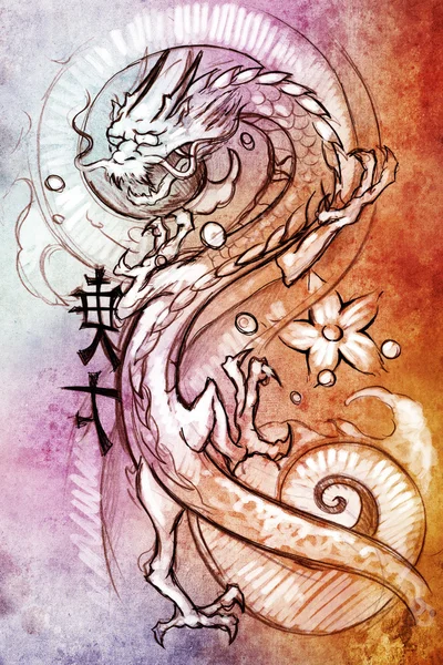Tatuering konst, skiss av en japansk drake över färgglada papper — Stockfoto