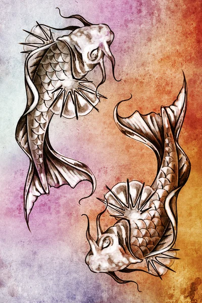 Croquis d'art de tatouage, poisson rouge japonais sur papier coloré — Photo