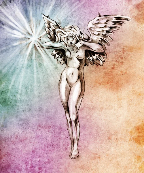 Рисунок татуировки, ангел-фея, обнаженная женщина над красочным папкой — стоковое фото