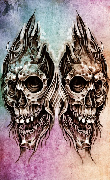 Σκίτσο της τέχνης τατουάζ, κρανίο κεφάλι εικονογράφηση, πάνω από το πολύχρωμο pap — Φωτογραφία Αρχείου