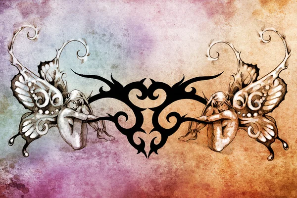 Sanat Tasarım, her iki tarafında iki perileri ile tribal tattoo — Stok fotoğraf
