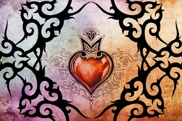 Design tatuering konst, tribal med rött hjärta — Stockfoto