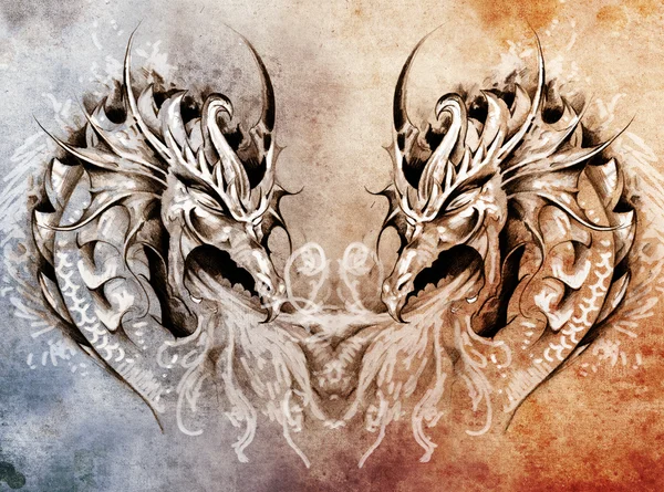 Arte del tatuaje, fantasía dragones medievales corazón — Foto de Stock