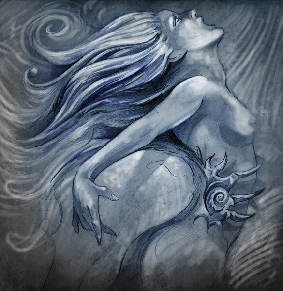 Nude mermaid illustration in blue colors with shine effects