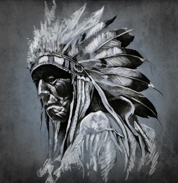 Tatuagem arte, retrato da cabeça indígena americana sobre backgroun escuro Fotos De Bancos De Imagens
