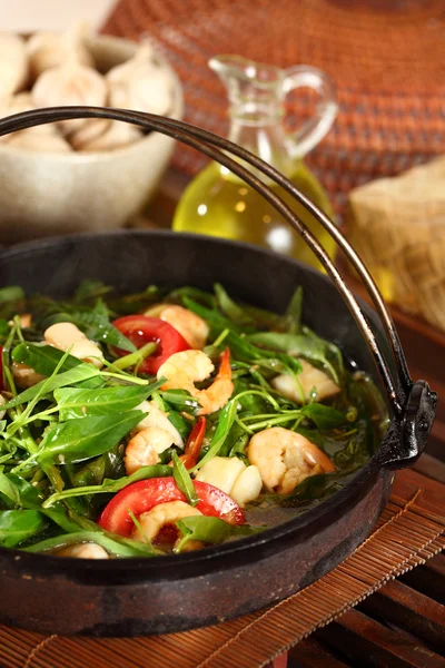 Hot plate seafood water spinach — Stock Photo, Image