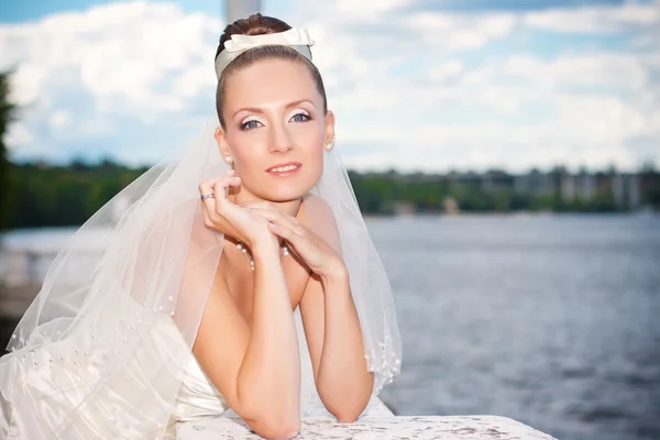 Retrato de uma jovem noiva com belo penteado de casamento — Fotografia de Stock