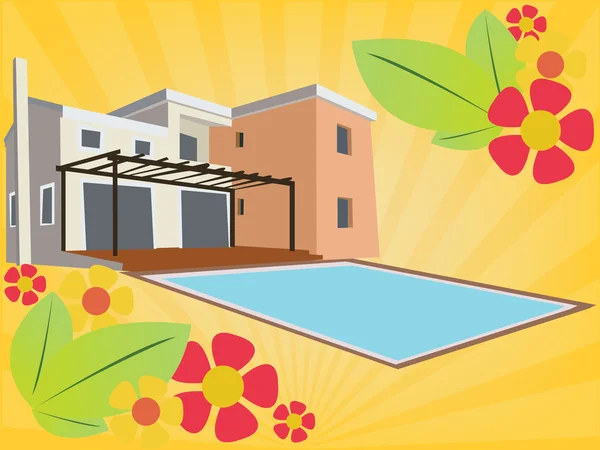 Holliday house with swimming pool and floral design — Stock Vector