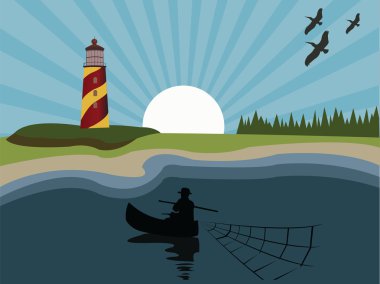 Fisherman on sea near lighthouse clipart