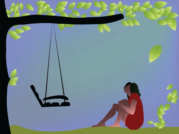 Fille en rouge près de l'arbre swing — Image vectorielle