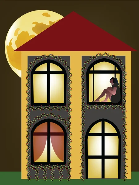 Κορίτσι στέκεται πάνω σπίτι παράθυρο — Διανυσματικό Αρχείο