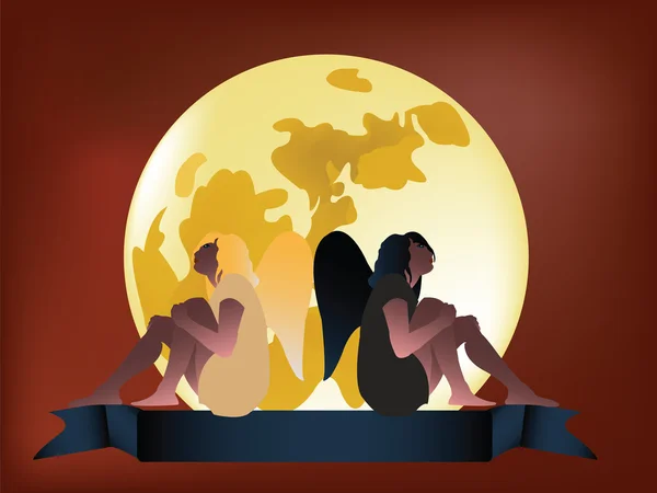 Two girls in the moon with band for text