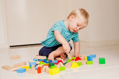 A cute little boy plays with blocks clipart