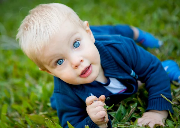 Um menino pequeno bonito na grama verde ao ar livre . — Fotografia de Stock