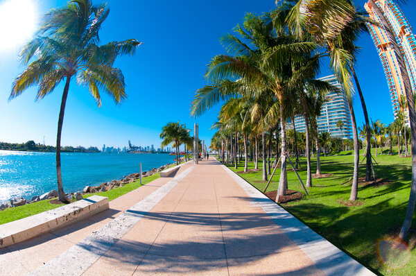 View of waterway used to enter Miami Seaport with city in the background and recreational park at the side
