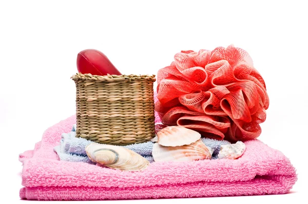 Badezimmerdekoration auf zwei Handtüchern — Stockfoto