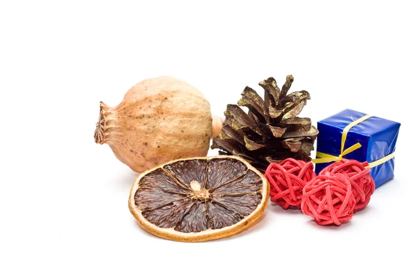 Dried fruit and christmas decoration — Stock Photo, Image