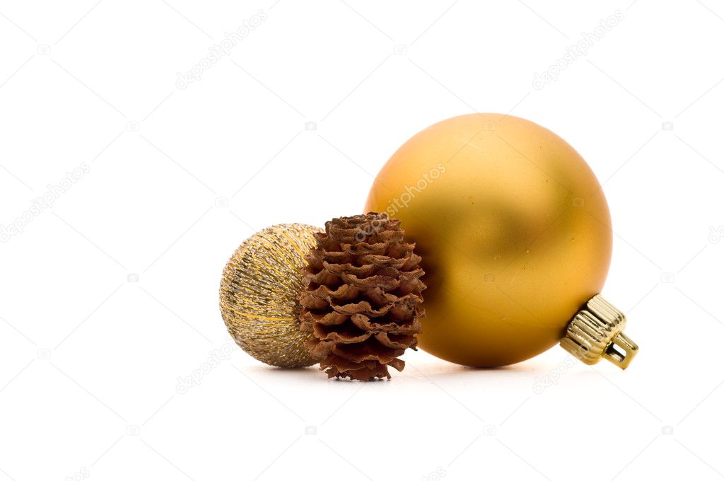 Two christmas balls and a pine cone