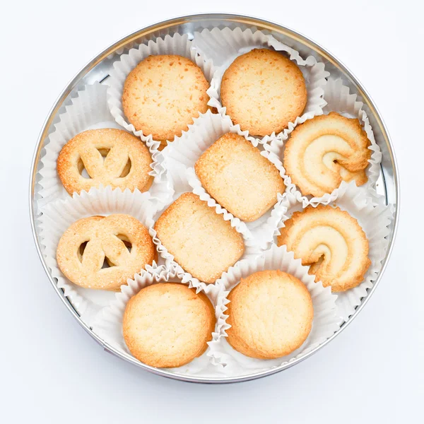 stock image Overhead view, Cookies in a circle shaped container