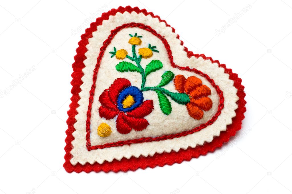 Heart shaped needle pillow decorated with Hungarian embrodiery