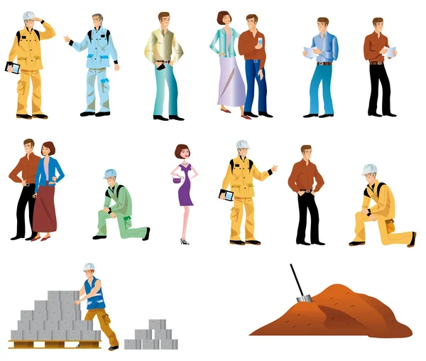 Kilku przedstawicieli kobieta, robotnik, para, człowiek, pies i budowy witryny — Zdjęcie stockowe