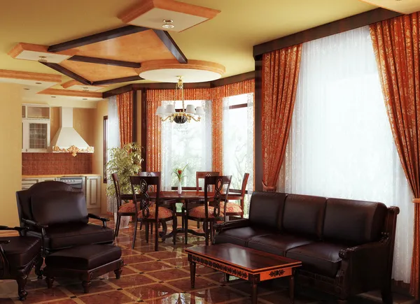 stock image Living room with kitchen and a dining table